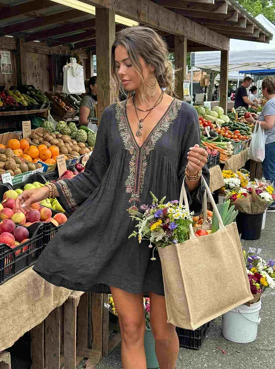Women's Casual Cotton And Linen Embroidered Retro Ethnic Loose Top Dress