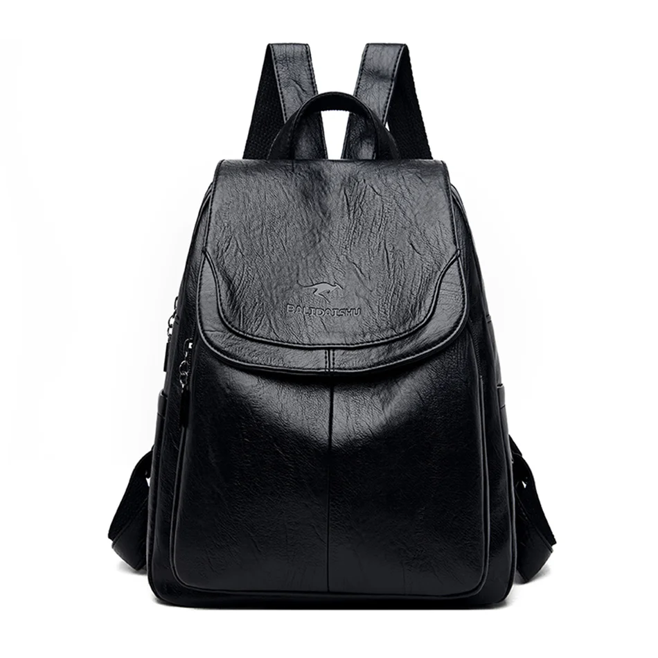 Pongl Women Quality Leather Backpacks for Girls Sac A Dos Casual Daypack Black Vintage Backpack School Bags for Girls Mochila Rucksack