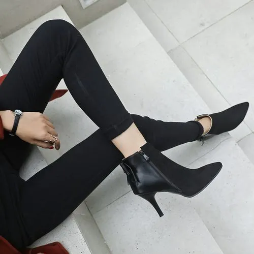 VCSHOES Pointed Toe Bow Tie Zipper High Heeled Ankle Boots