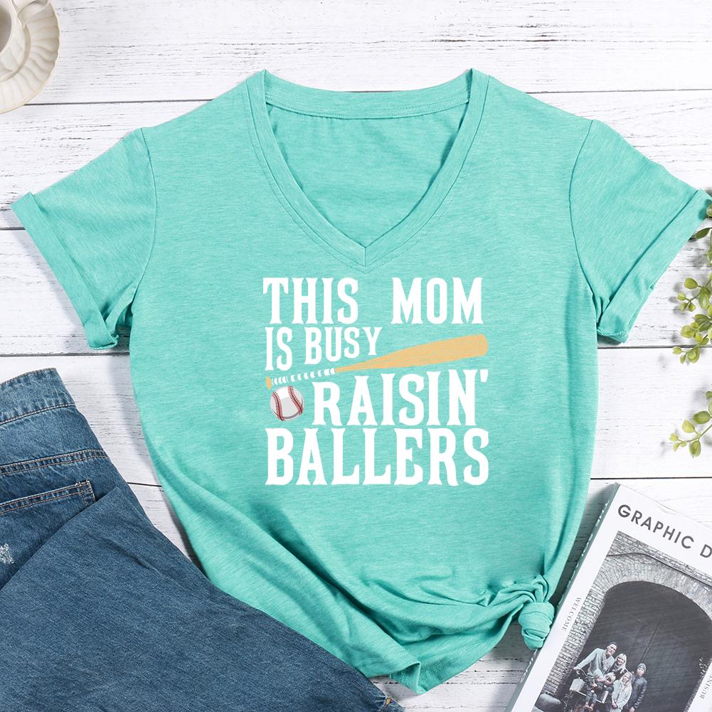 Baseball This Mom Is Busy Raisin' Ballers V-neck T Shirt-Guru-buzz