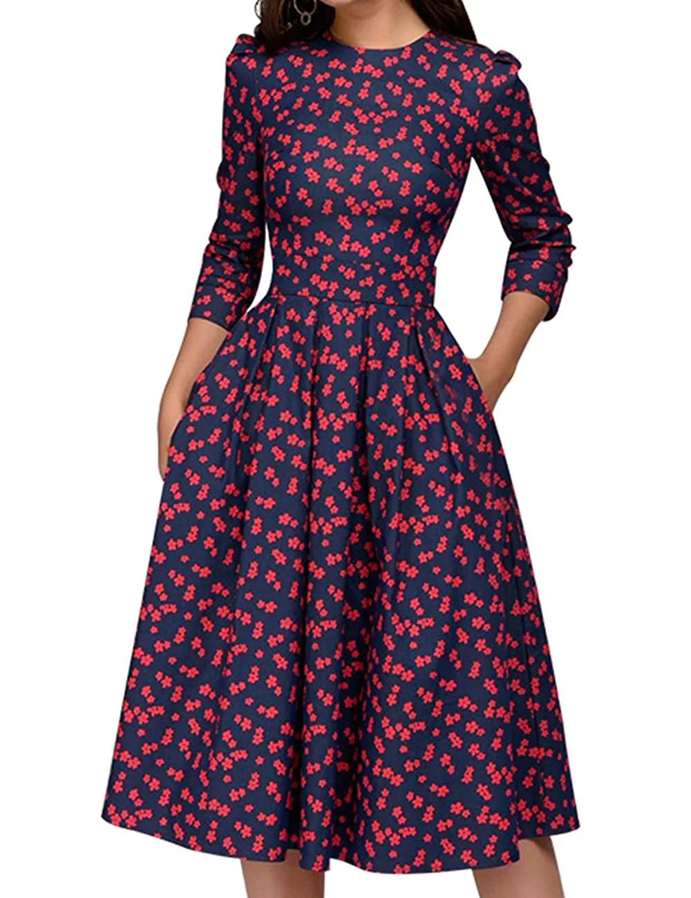 Women's Floral Vintage Dress Elegant Midi Evening Dress 3/4 Sleeves