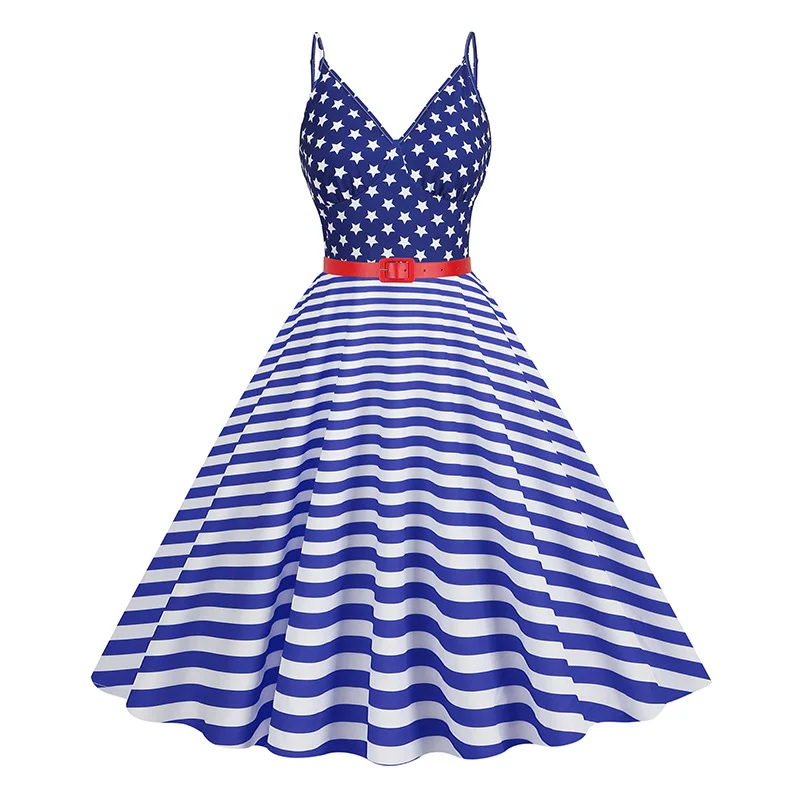 American Flag Stripe Print Vintage Dress