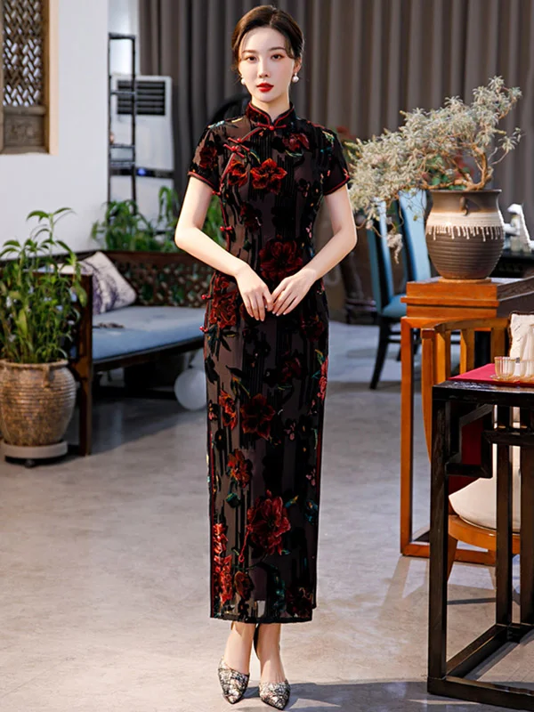 Elegant Floral Print Short Sleeve Long Cheongsams