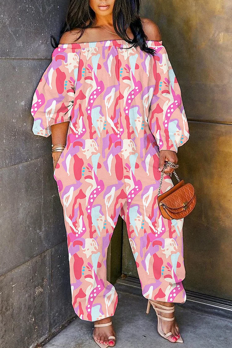 Pink Casual Print Patchwork Off the Shoulder Regular Jumpsuits