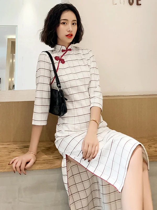 Original White Plaid Half Sleeve Long Cheongsams