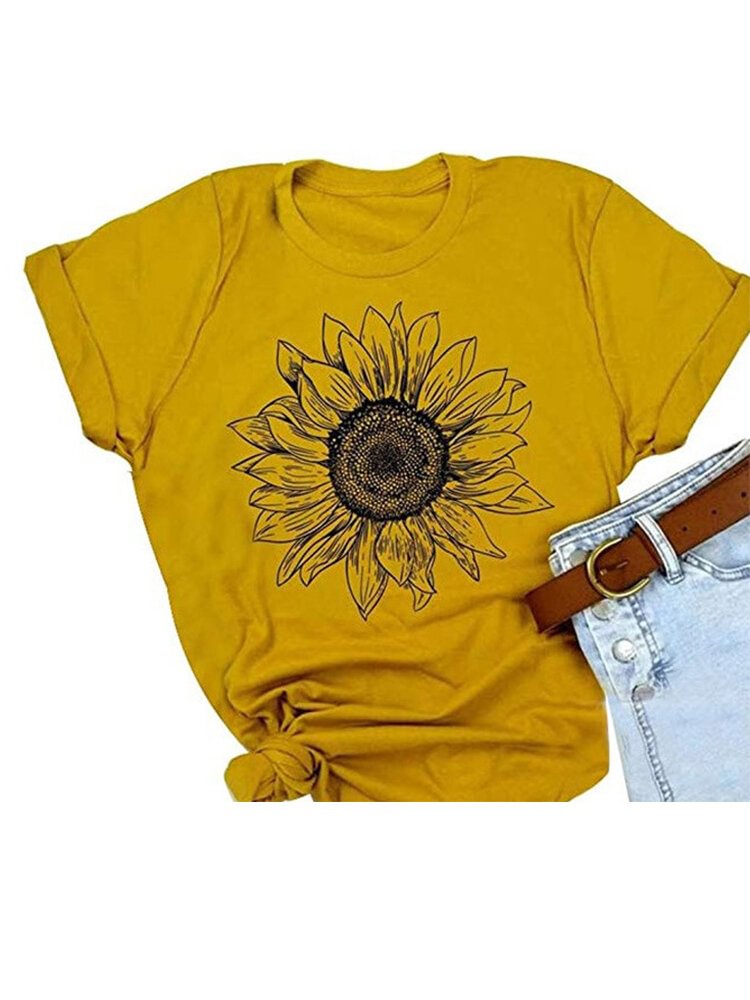 Chrysanthemum Print Short Sleeve Crew Neck T shirt For Women P1659647