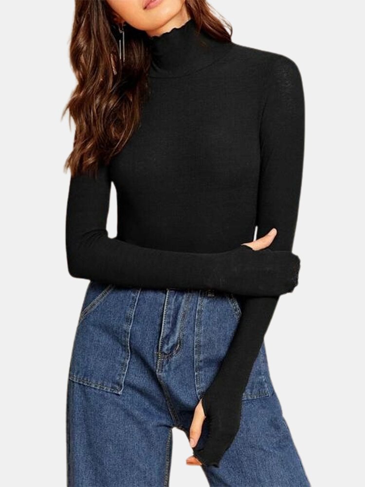 Women Solid Color Long Sleeve High Neck Casual T-Shirt