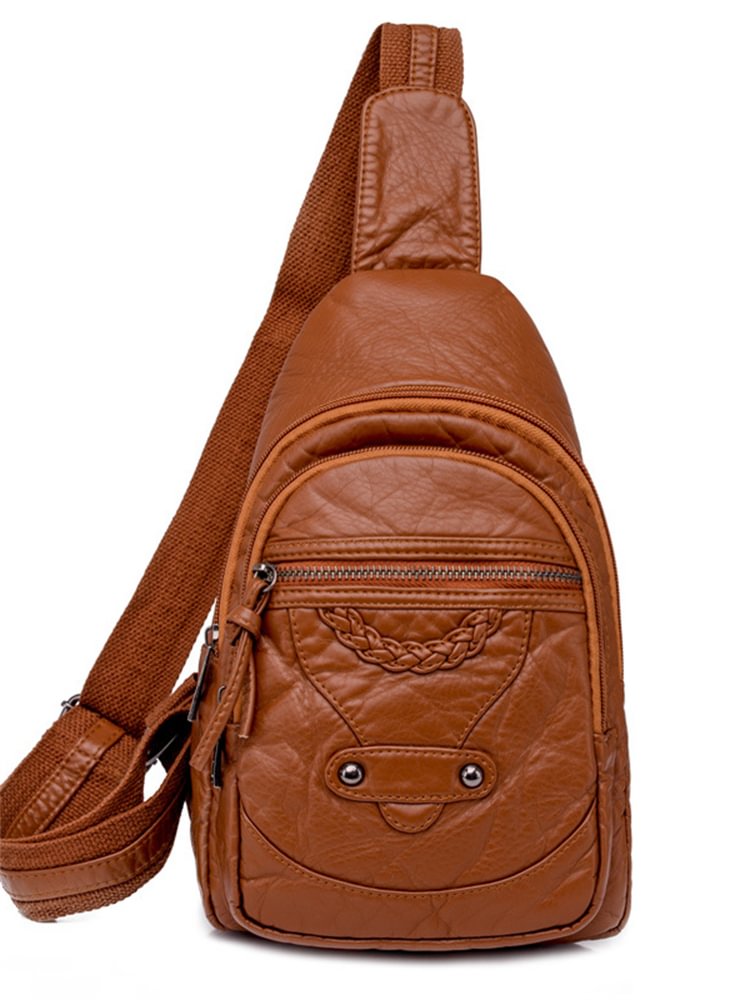Comstylish Vintage Studded Braid Details Leather Chest Bag
