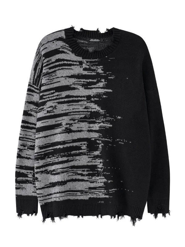 Zebra Pattern Color Block Ripped Fringed Loose Knitted Sweater