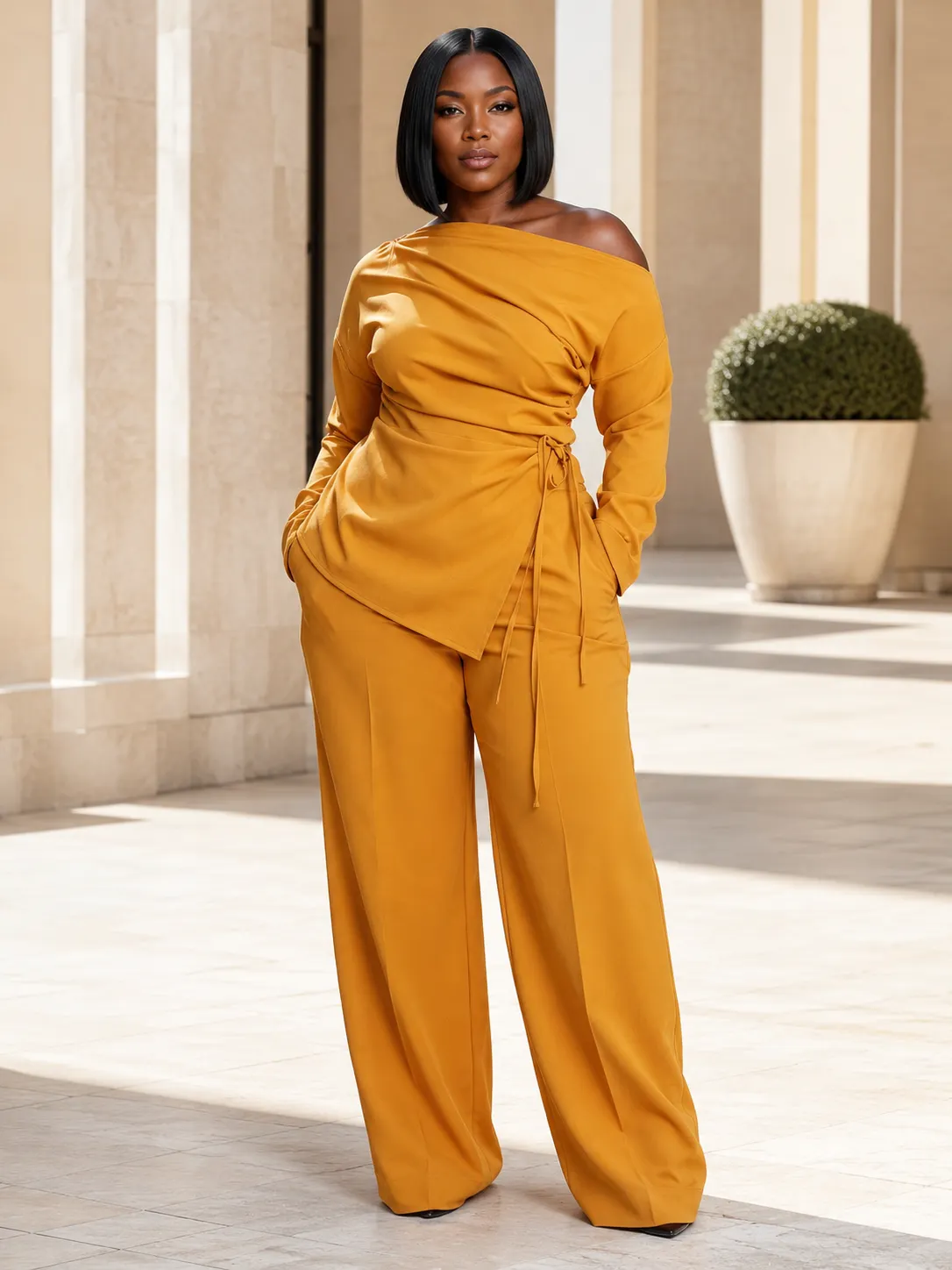 Off Shoulder Drawstring Top Straight Leg Pants 2pcs Set