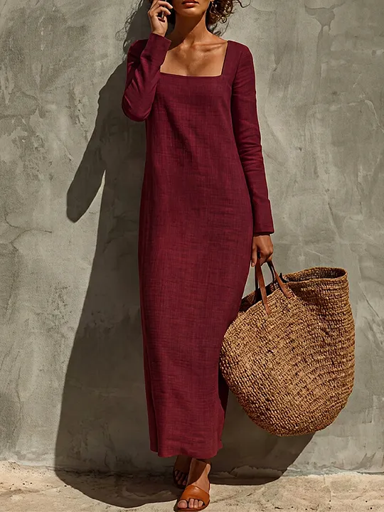 Women's Minimalist Solid Linen Holiday Square Neck Long Sleeve Dress MD
