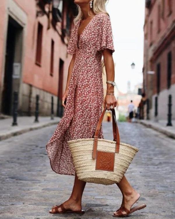 Printed Short Sleeve Swing Dresses - Chicaggo