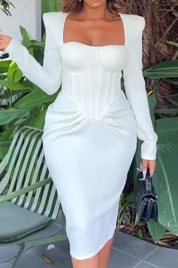 Square Neck Long Sleeve Corset Bodycon Ruched Midi Dresses - White