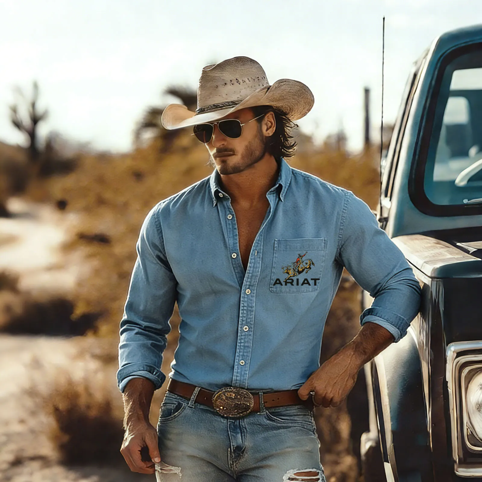 Cotton Western Shirt For Men With , Long Sleeve Casual Cowboy Button-Down Shirt