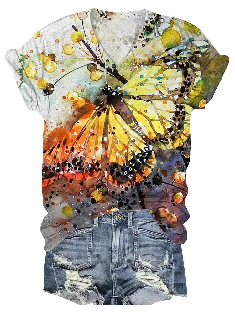 Watercolor Butterfly V-Neck Short Sleeve T-Shirt