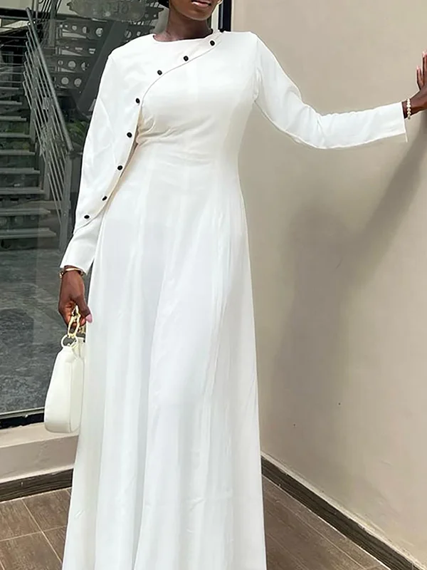 Solid Color Long Sleeves Loose Round-neck Maxi Dresses