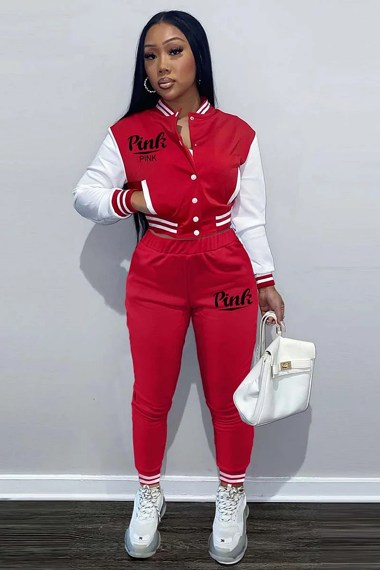 Colorblock Letter Print Button Baseball Crop Jacket Sporty Jogger Pants Matching Set