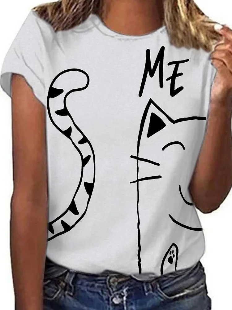 Bestdealfriday Cat Fun Graphic Short Sleeve Crew Neck Tee