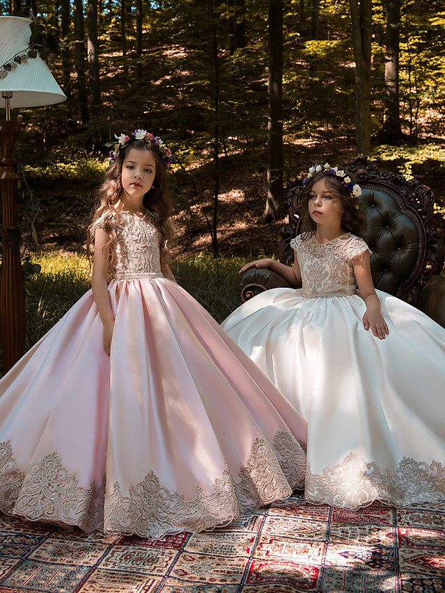 Dresseswow Cap Sleeve Jewel Neck Ball Gown  Flower Girl Dresses Lace Satin With Acrylic Appliques