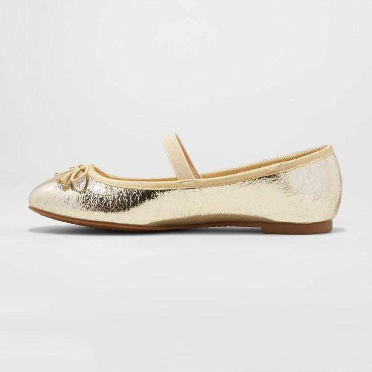 Gold Mary Jane Shoes Round Toe Flats Elastic Ballet Shoes |FSJ Shoes