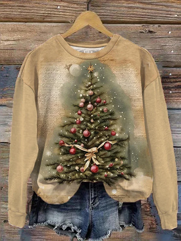 Women's Christmas Tree Retro Crew Neck Graphic Print Sweatshirt