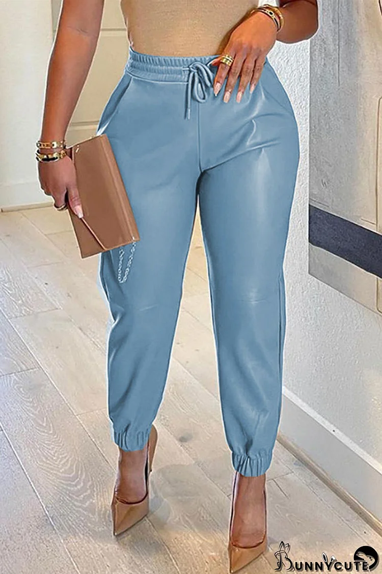 Blue Fashion Casual Solid Basic Regular High Waist Trousers