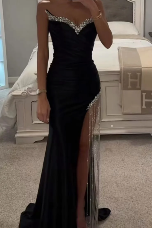 Black Sequin Prom Dress Long Cowl Neck High Slit YH0043 Black Sequin Prom Dress Long Cowl Neck High Slit YH0043