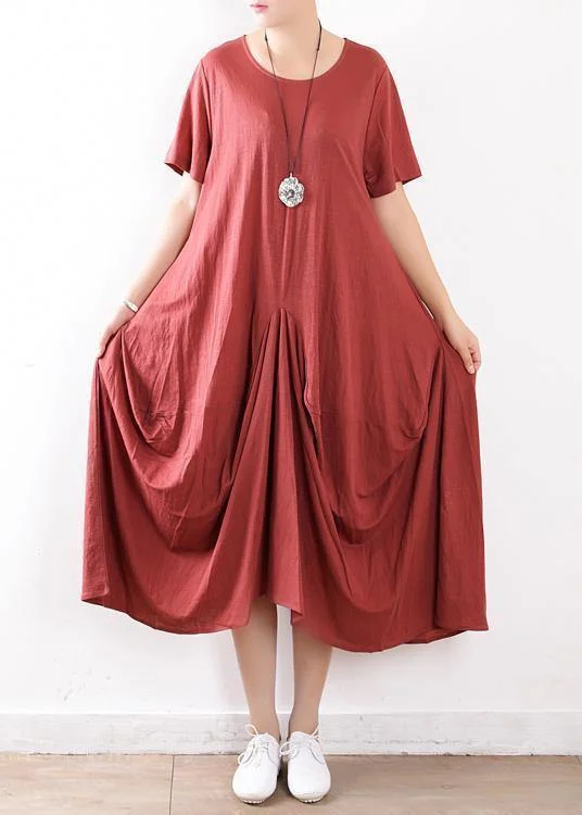 French o neck asymmetric linen clothes Casual Photography red loose Dress Summer
