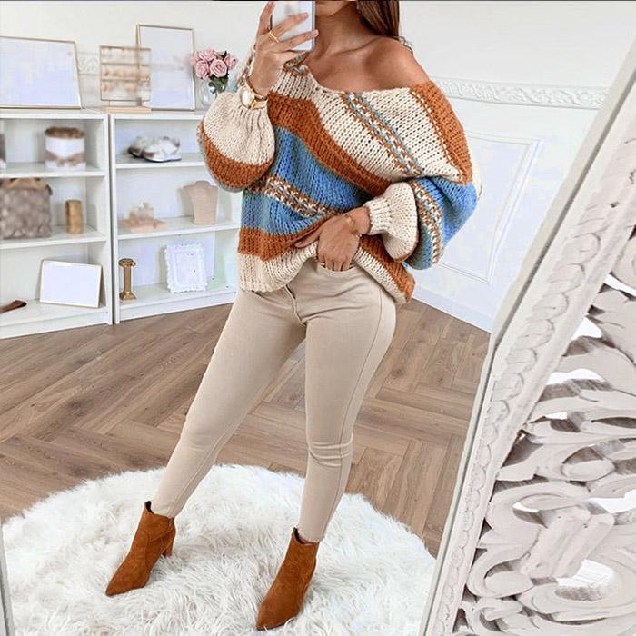 Comstylish Striped Contrast Sexy V-neck Sweater