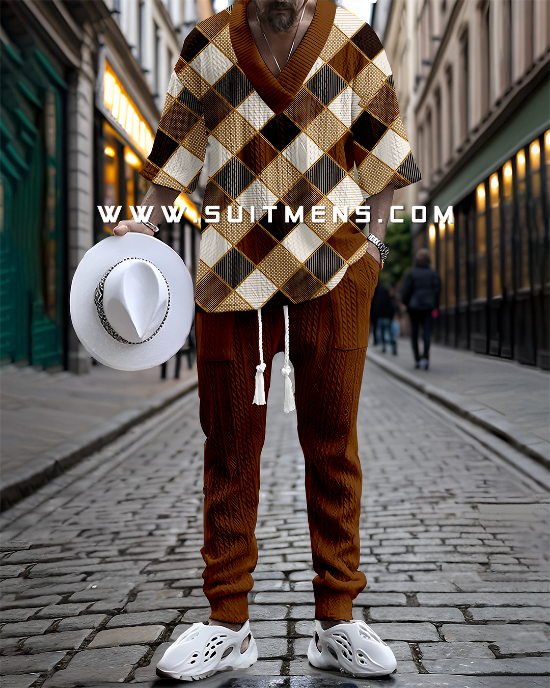 Men's V-neck luxury plaid textured print trouser Set 009