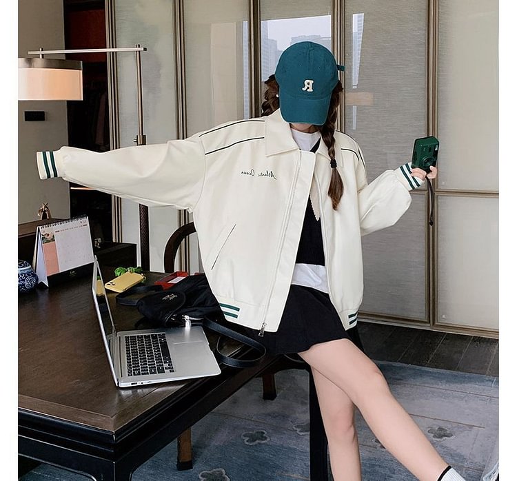 Faux Leather Color Panel Baseball Jacket TY181