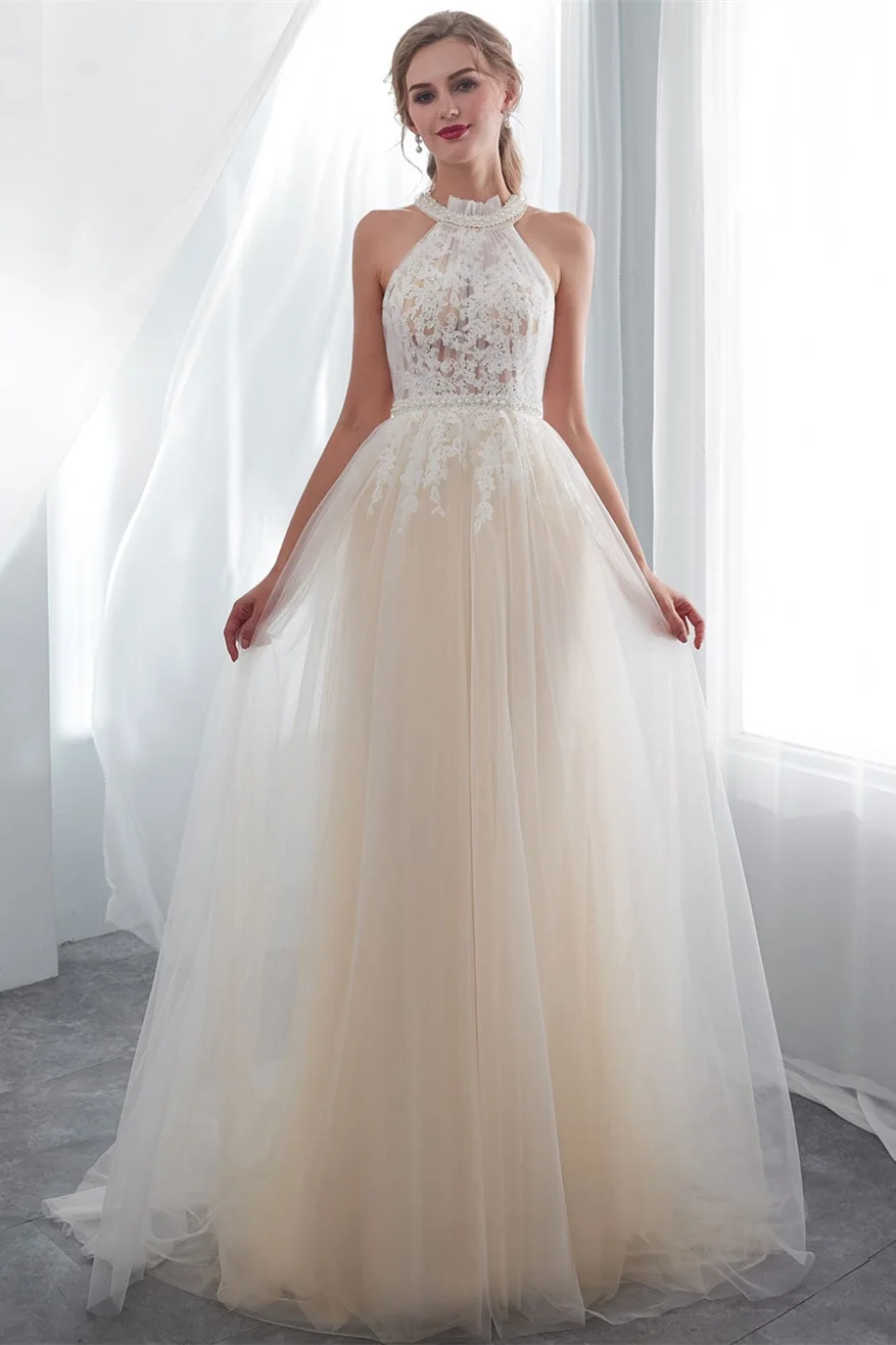 Miabel Tulle Wedding Dress With Appliques High Neck