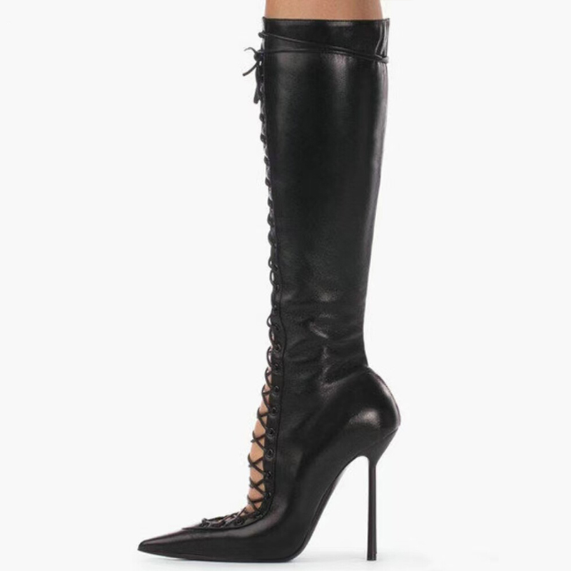 GOOSHOE Lace Up Front Cut Out Knee High Boots Solid Stiletto Slim Heels Side Zipper Long Boots