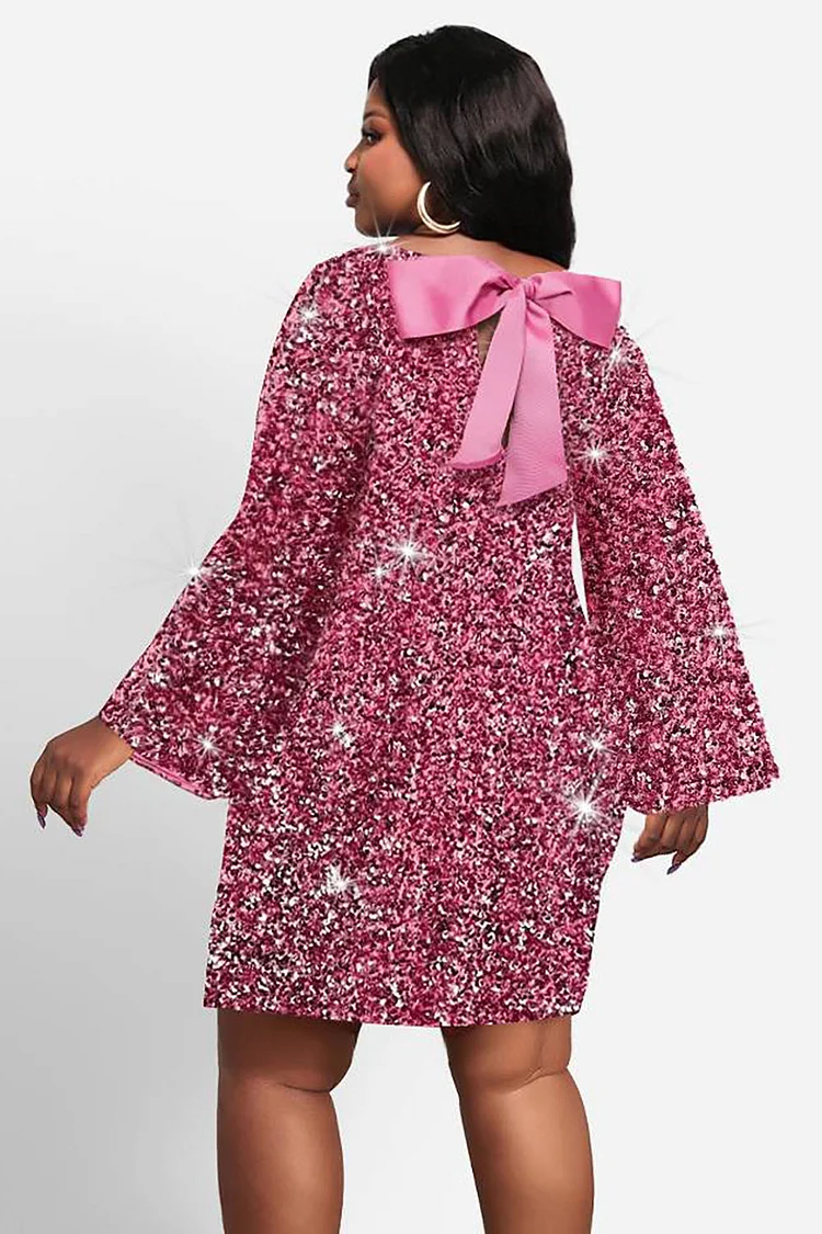 Plus Size Party Mini Dresses Elegant Pink Fall Winter Crew Neck Long Sleeve Bow Tie Sequin Mini Dresses [Pre-Order]