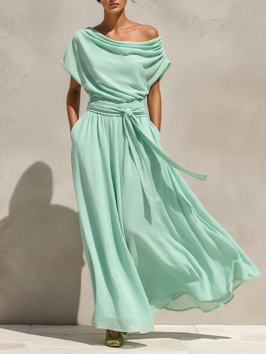 mint green chiffon maxi dress Women's With Off-the-Shoulder Draped Neck & Belted Waist, Timeless Romantic-Resort Style Dress colour_multicolour
