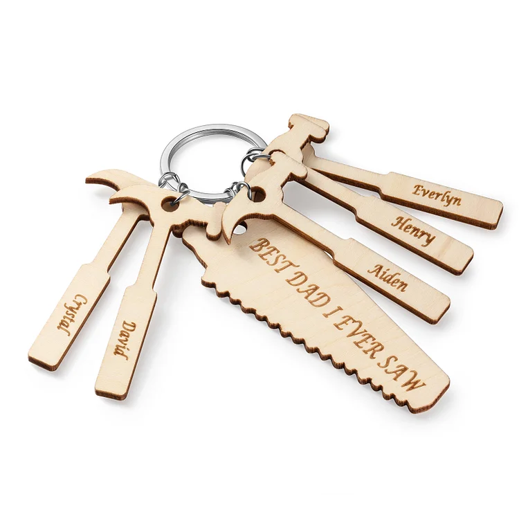 Personalized Tools Wood Keychain Engrave 5 Names Gifts for Dad