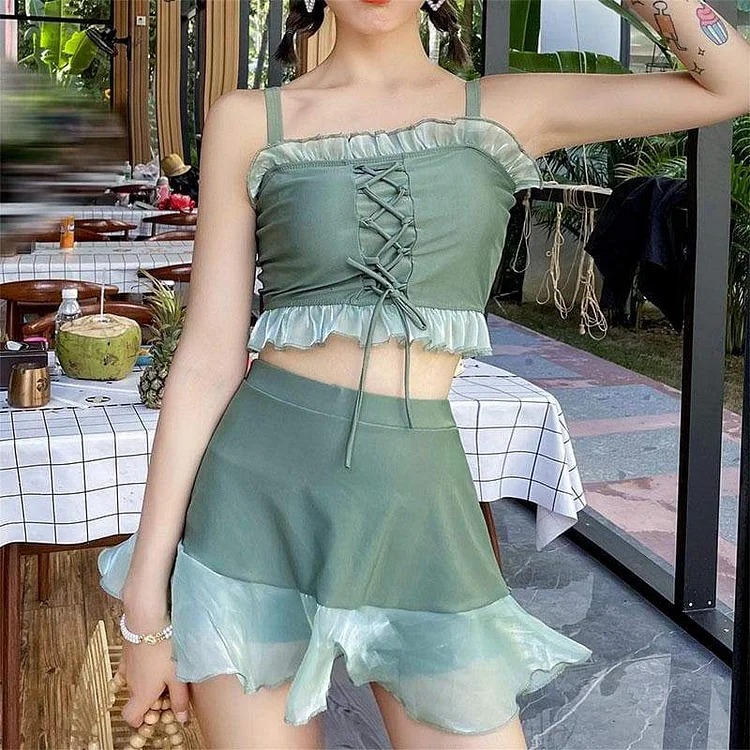 Cute Sweet Green/Black Lace Up Swimsuit SP15876