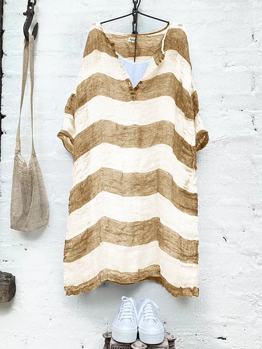 Womens Heavy Stripe V-neck Casual Linen Dress