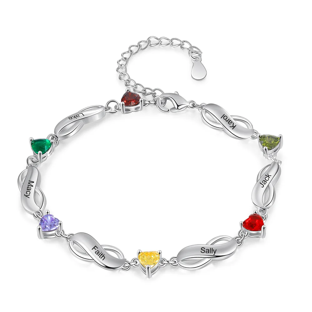 Infinity Bracelet with 6 Heart Shape Birthstones Family Bracelet for Mom