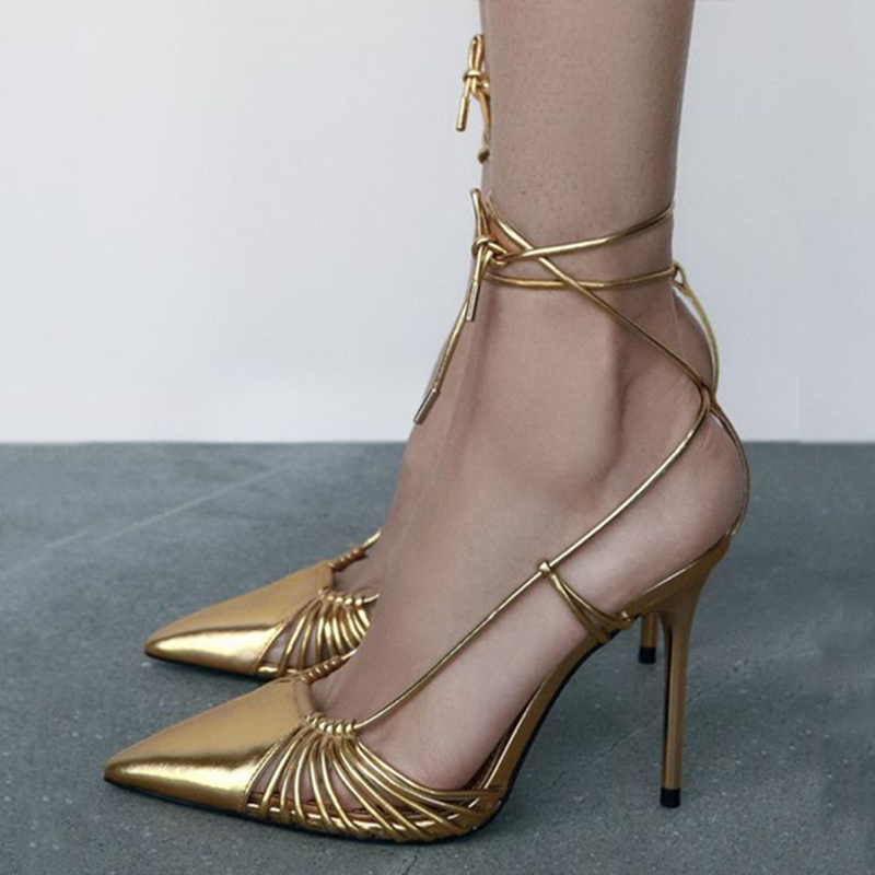 Gold Lace Up Metallic High Heels Elegant Pointed Toe Prom Shoes FSJshoes