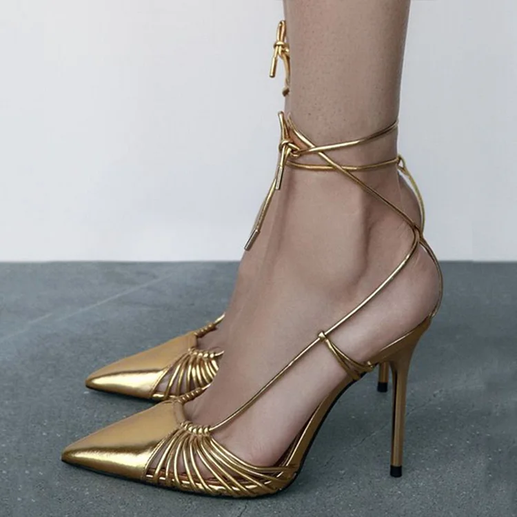 Gold Lace-Up Metallic High Heels Elegant Pointed Toe Prom Shoes |FSJ Shoes