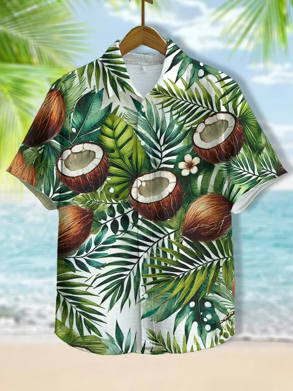 Men's Coconuts And Palm Leaves Print Short Sleeve Shirt