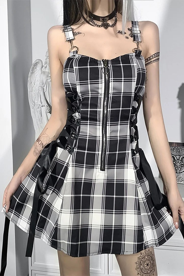 Gothic Black Casual Plaid Zipper Lace Up Sweetheart Neck A-line Mini Dress
