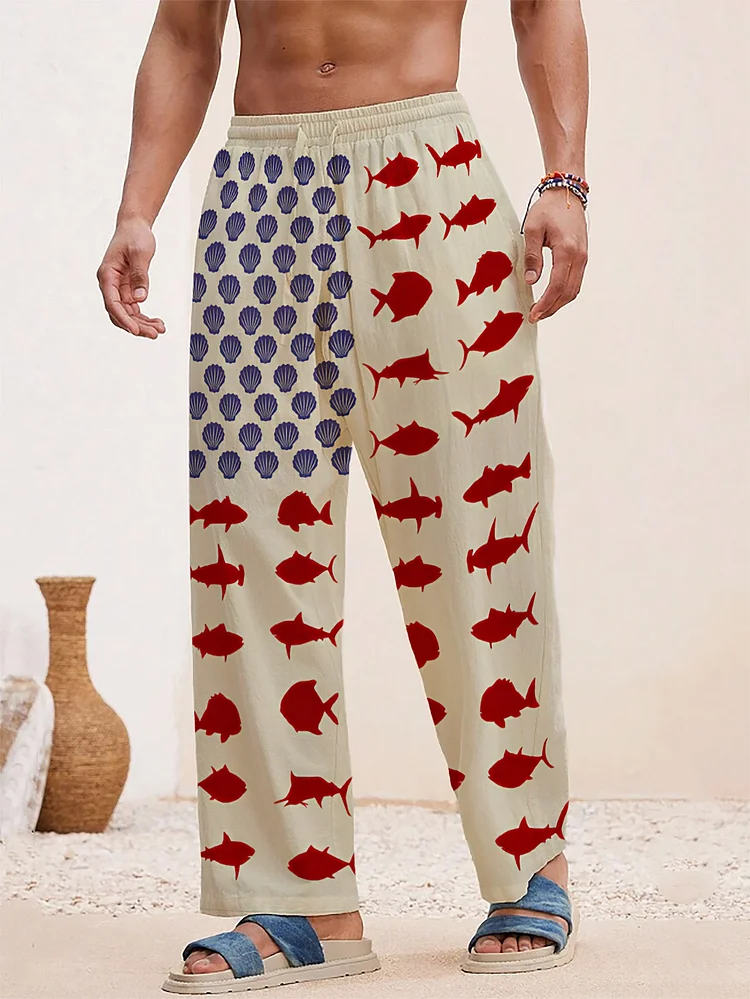 Men's American Flag Fish Art Printed Casual Pants