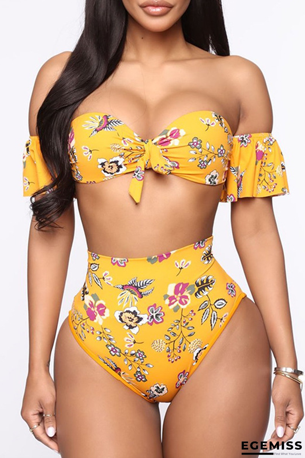 Yellow Sexy Print Patchwork Off the Shoulder Plus Size Swimwear | EGEMISS