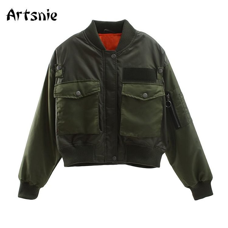 Artsnie Autumn Bomber Jacket Women Army Green Warm Zipper Pockets Winter Coat Female Jacket Parkas Femme Chaqueta Mujer - BlackFridayBuys