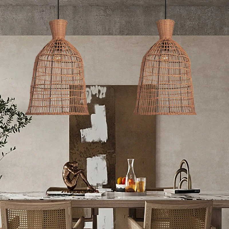 Vintage Rattan Lantern Pendant Light Lampshade For Dining Room