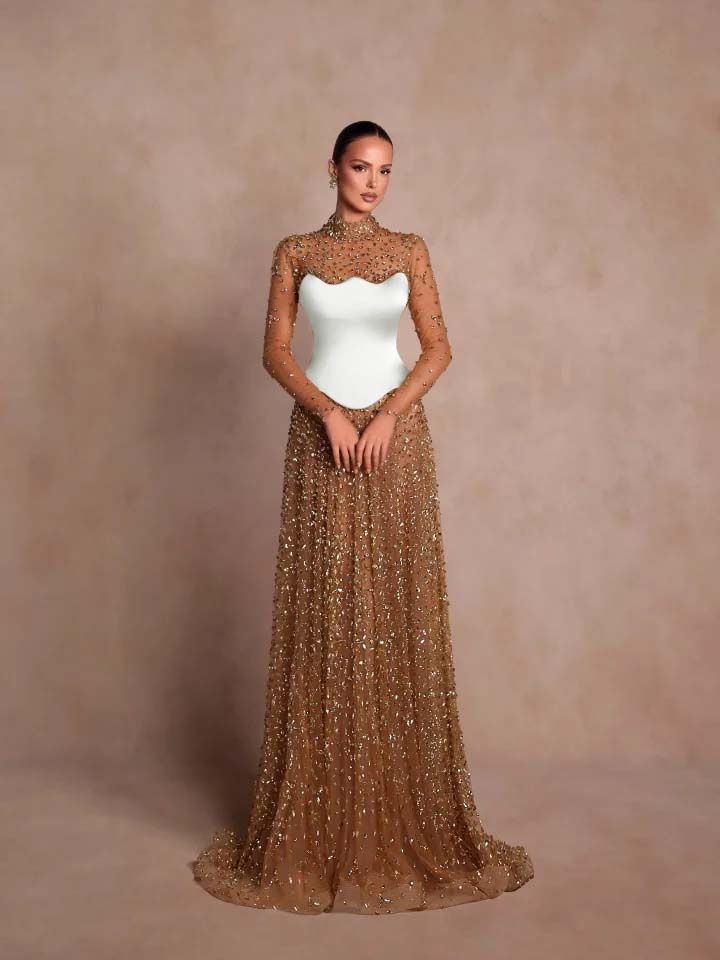 Lussooy Glamorous High Neck Long Sleeves Long Prom Dress with Rhinestone