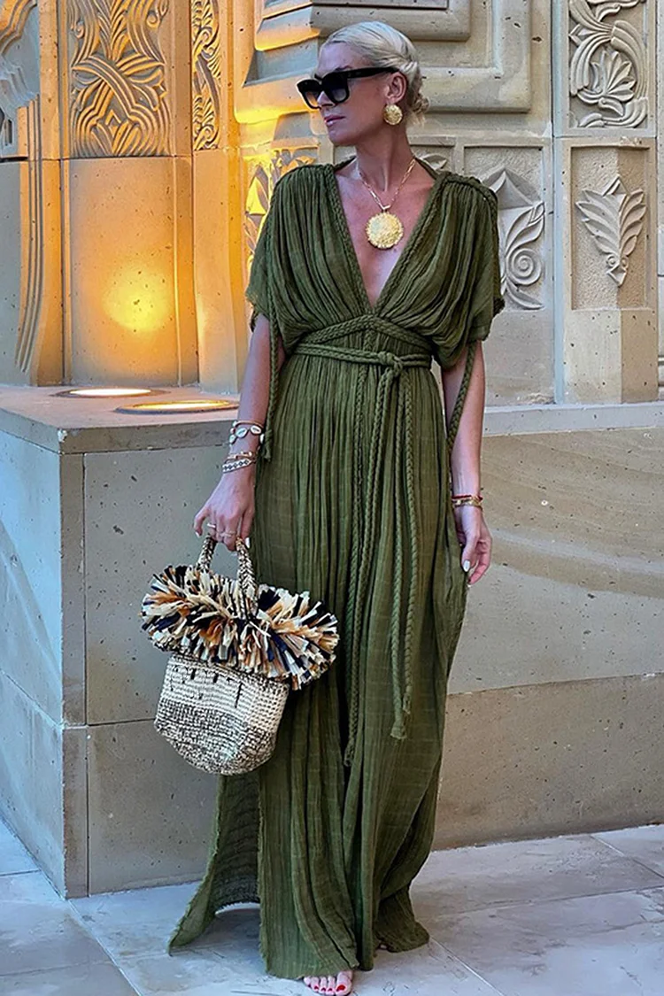 Pleated V Neck Backless Draped Braids Cover Up Slit Maxi Dresses-Green