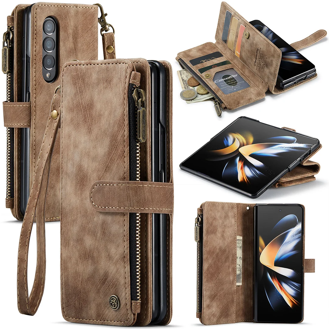 Luxury Retro Wallet Phone Case With 5 Cards Slot,Phone Stand And Zipper Slot For Galaxy Z Fold3/Fold4/Fold5